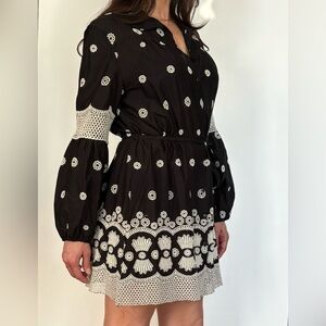 Embroidered Lace Tunic‎ Shirt Dress, Black & Cream by Stera Size Large